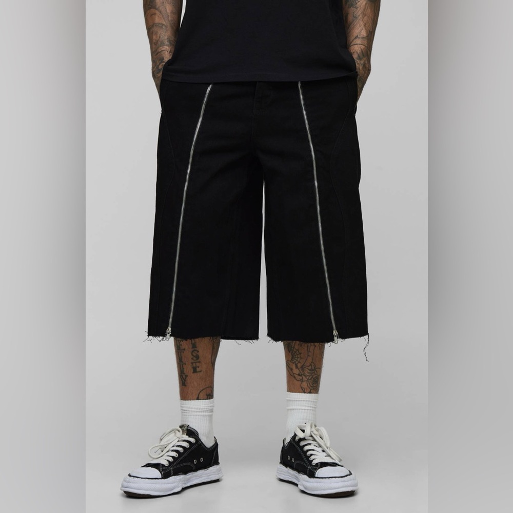 BoohooMAN Tall Zip Front Longline Jorts Black